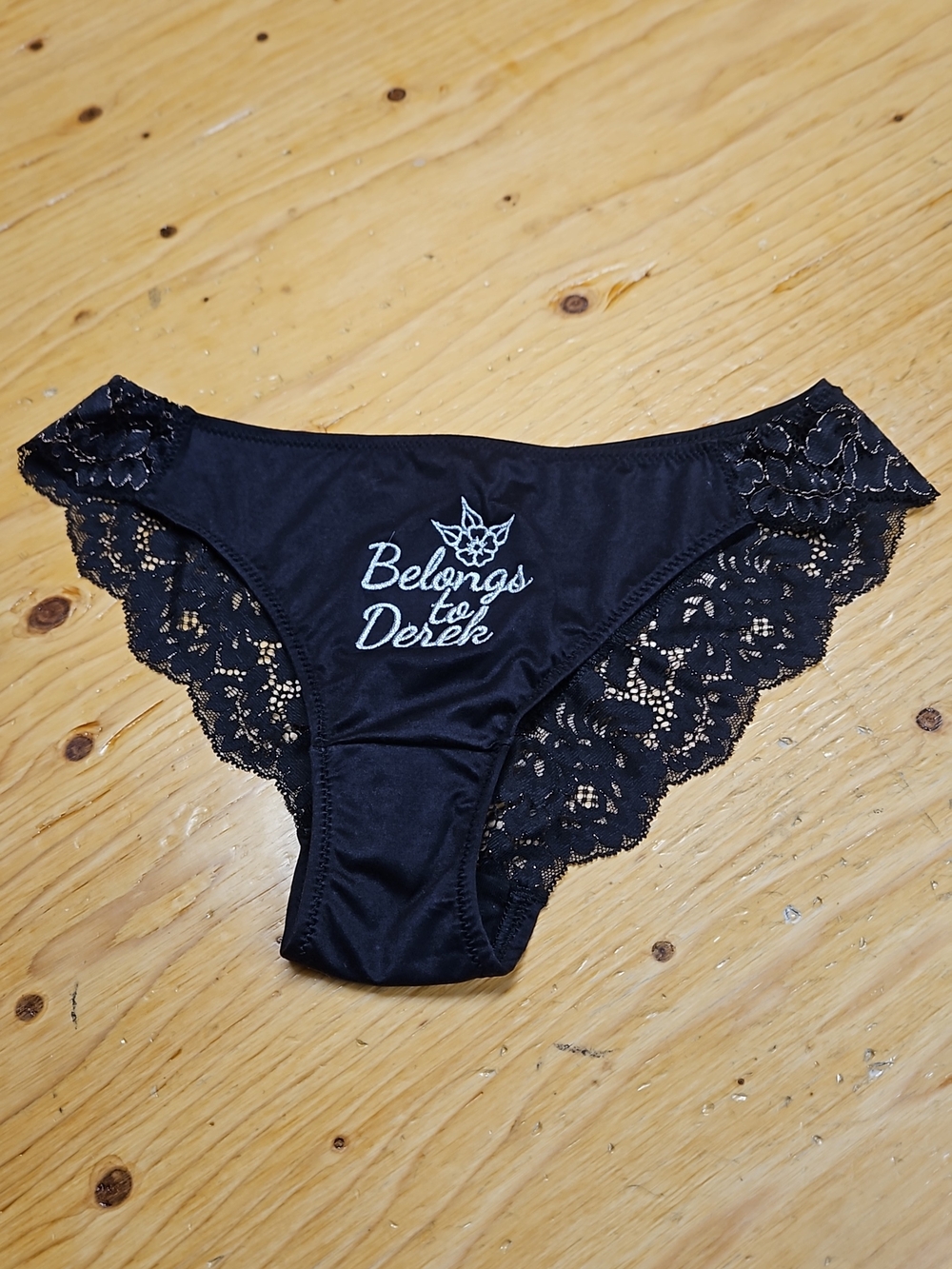 Black Lace-Trim Women's Panties with Embroidered Front